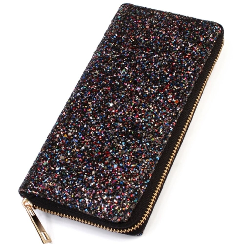 Glitter Puffy Style Sparkle Zip Around Wallet / Clutch Bag in Black - NWT